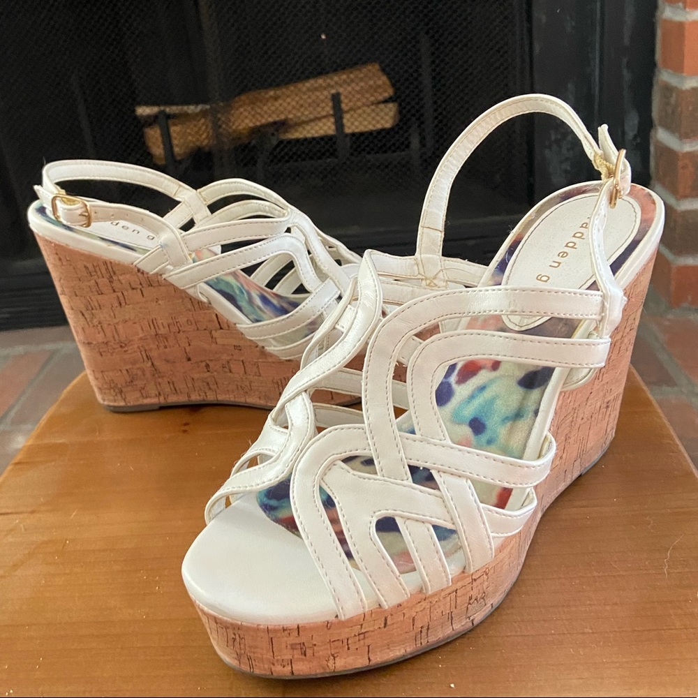 Madden Girl White Strapy Open Toe Cork Wedge